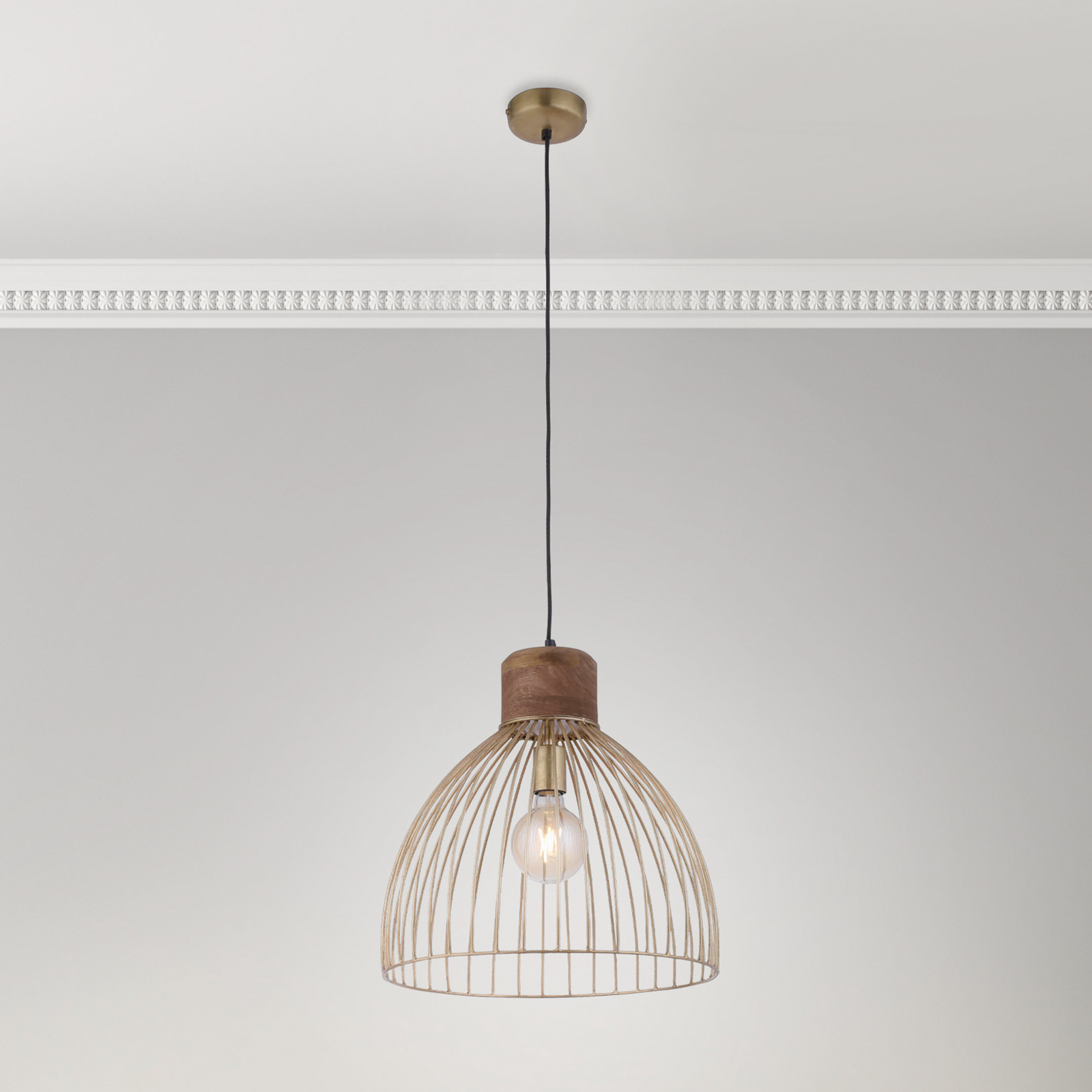 Hanglamp Alami mangohout messing mat 3-lamps.